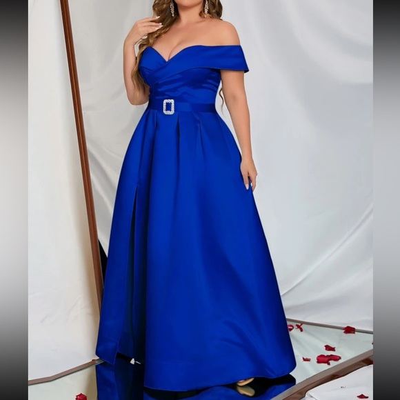 Plus size blue off shoulder party formal evening maxi dress - Picture 7 of 7
